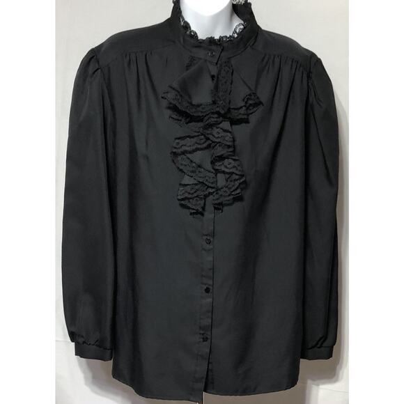 Vintage 70s Blouse Top XL Ruffle Lace Collar Blk ILGWU Victorian Prairie Gothic - Picture 1 of 9